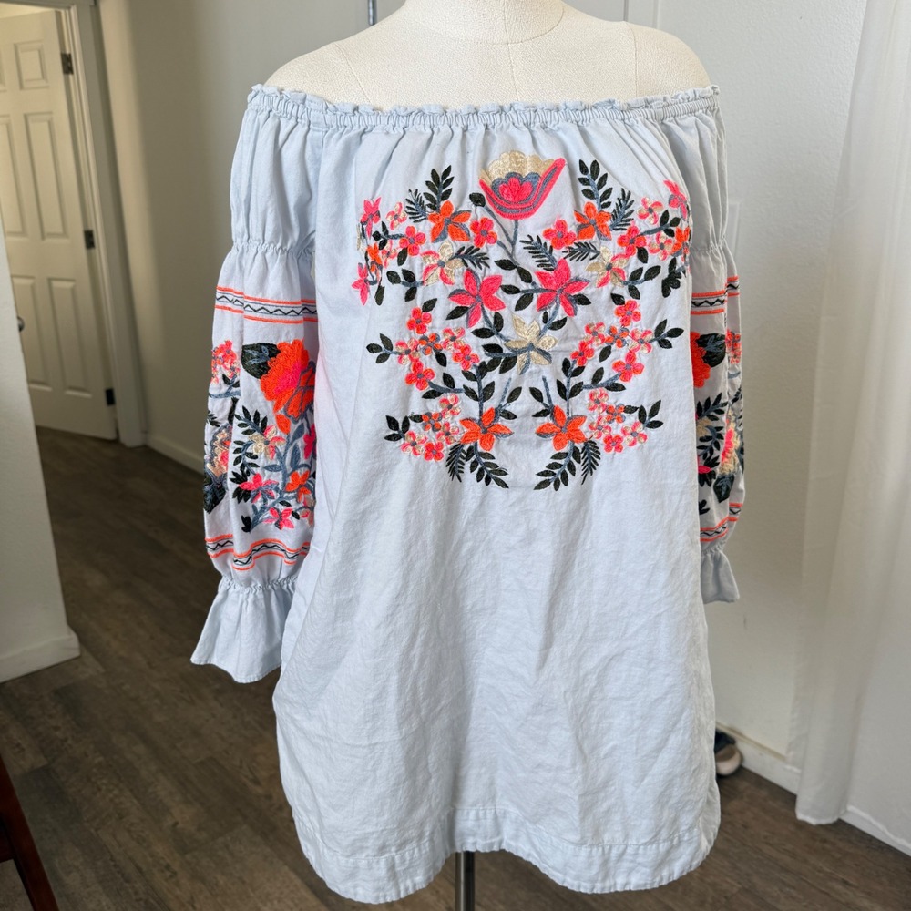 Free People Light Blue Embroidered Floral Off Shoulder Peasant Dress XS